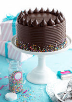 A chocolate mud cake with chocolate frosting and multicolored sprinkles on the bottom rim, as a sweet treat by Cake Gurus Ruaka Nairobi with deliveries in Nairobi and its environs