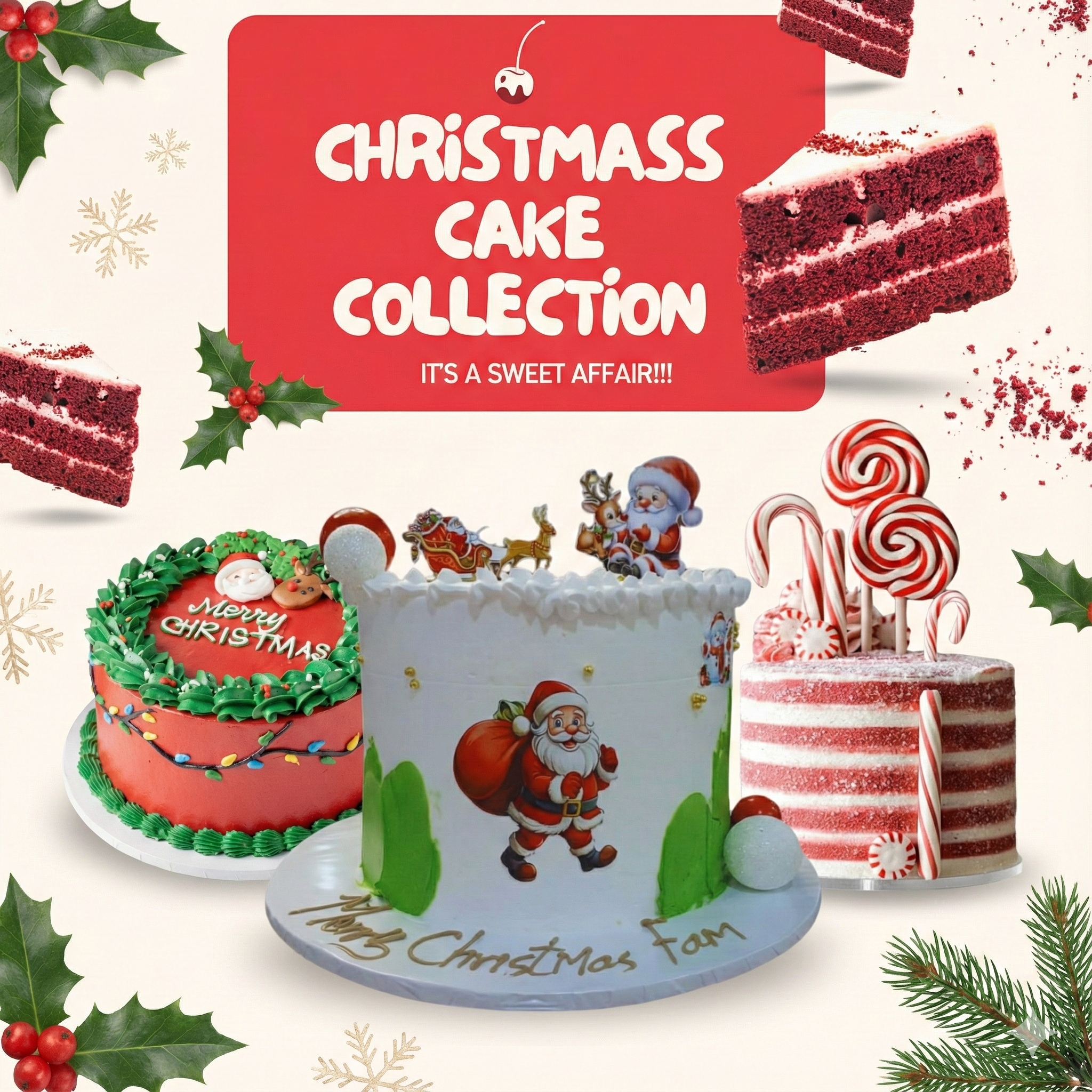 Christmas Cake Collection graphic showcasing a bright red banner with three festive cakes: a rich Red Velvet Cake, a traditional Fruit Cake, and a flavorful Orange Vanilla Cake, all adorned with holiday decorations for a joyful seasonal scene.