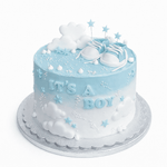 Baby shower cake with blue frosting, baby shoes, and 'It's a Boy' text on a white background. Cake Gurus Ruaka Nairobi 
