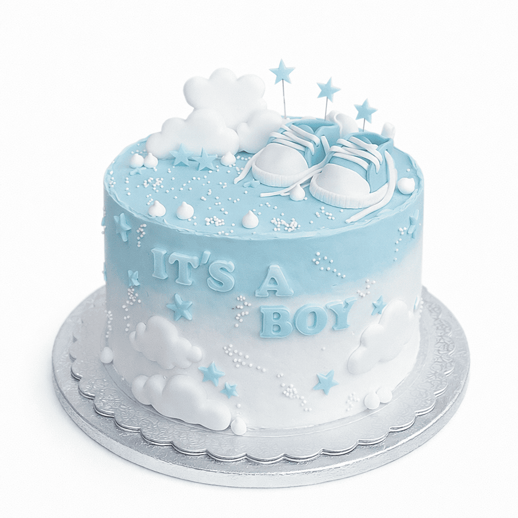 Baby shower cake with blue frosting, baby shoes, and 'It's a Boy' text on a white background. Cake Gurus Ruaka Nairobi 