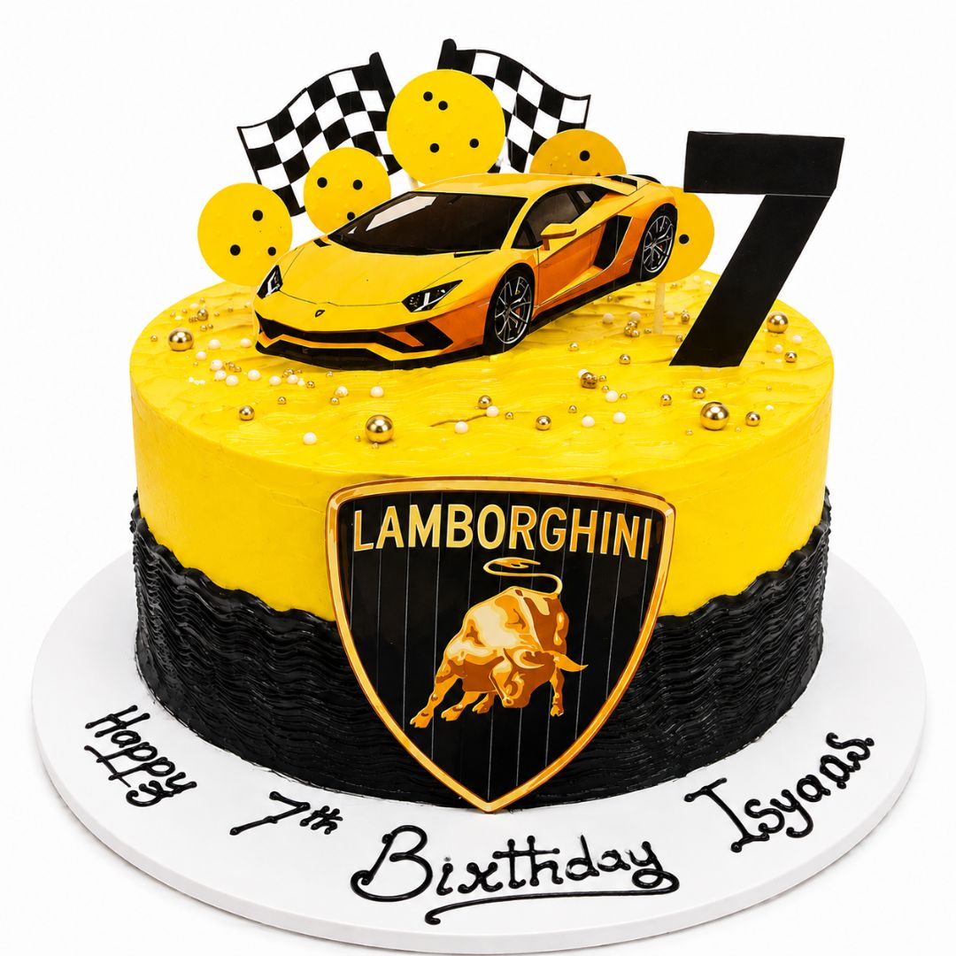 A custom 7th birthday cake decorated with a yellow Lamborghini sports car topper, a black number 7 topper, checkered flags, and the Lamborghini shield logo on the front. The cake is yellow and black with gold accents, sitting on a white cake board with 'Happy 7th Birthday Isyana' written in icing. 1.5kg decorated choconilla chocolate vanilla cake from Cake Gurus Ruaka