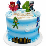 A round birthday cake decorated with PJ Masks characters, a blue sky gradient, and a green number 4 topper, shown on a white background. 1kg decorated fresh orange cake from Cake Gurus Ruaka