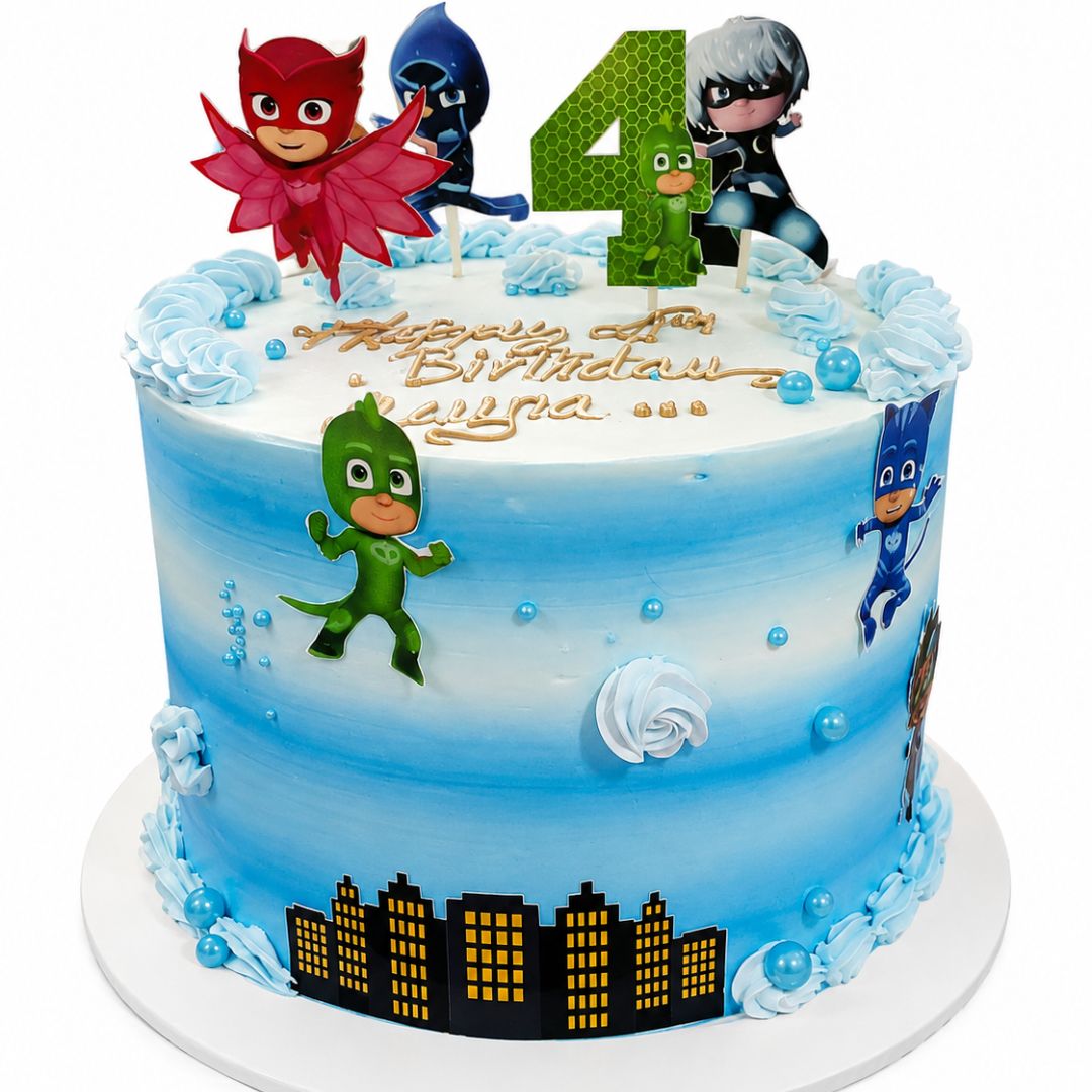 A round birthday cake decorated with PJ Masks characters, a blue sky gradient, and a green number 4 topper, shown on a white background. 1kg decorated fresh orange cake from Cake Gurus Ruaka