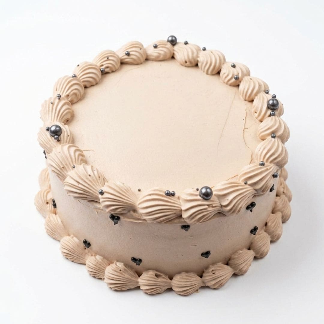 A round cake with light beige frosting, decorated with piped shell-like borders and small dark pearls, shown on a plain white background. Marble Orange Cake by Cake Gurus, fresh birthday cake in Ruaka Nairobi with same day delivery