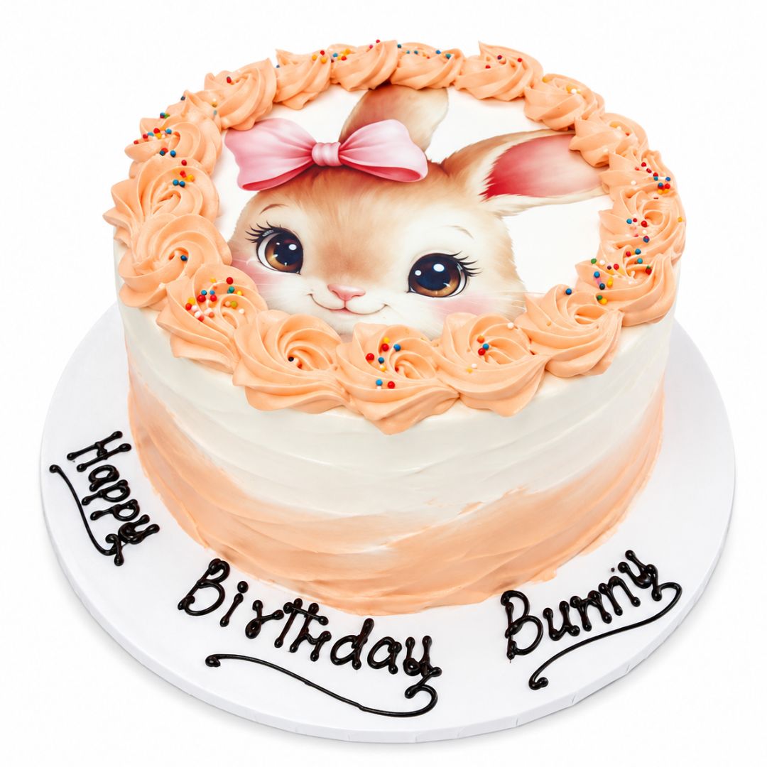 A round birthday cake with a white and peach-colored frosting base, decorated with piped peach rosettes around the top edge, a pink bow, and a realistic bunny face. The cake sits on a white cake board with 'Happy Birthday Bunny' written in black icing. 1kg decorated passion forest cake from Cake Gurus Ruaka