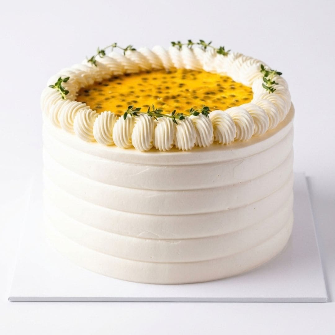 A round white frosted cake with piped cream borders and a yellow passion fruit center, garnished with small green herb sprigs, shown on a white square board against a white background. Passion cake with moist sponge layers, fresh cream and tropical passion fruit filling, decorated on a white cake board by Cake Gurus in Ruaka, Nairobi.