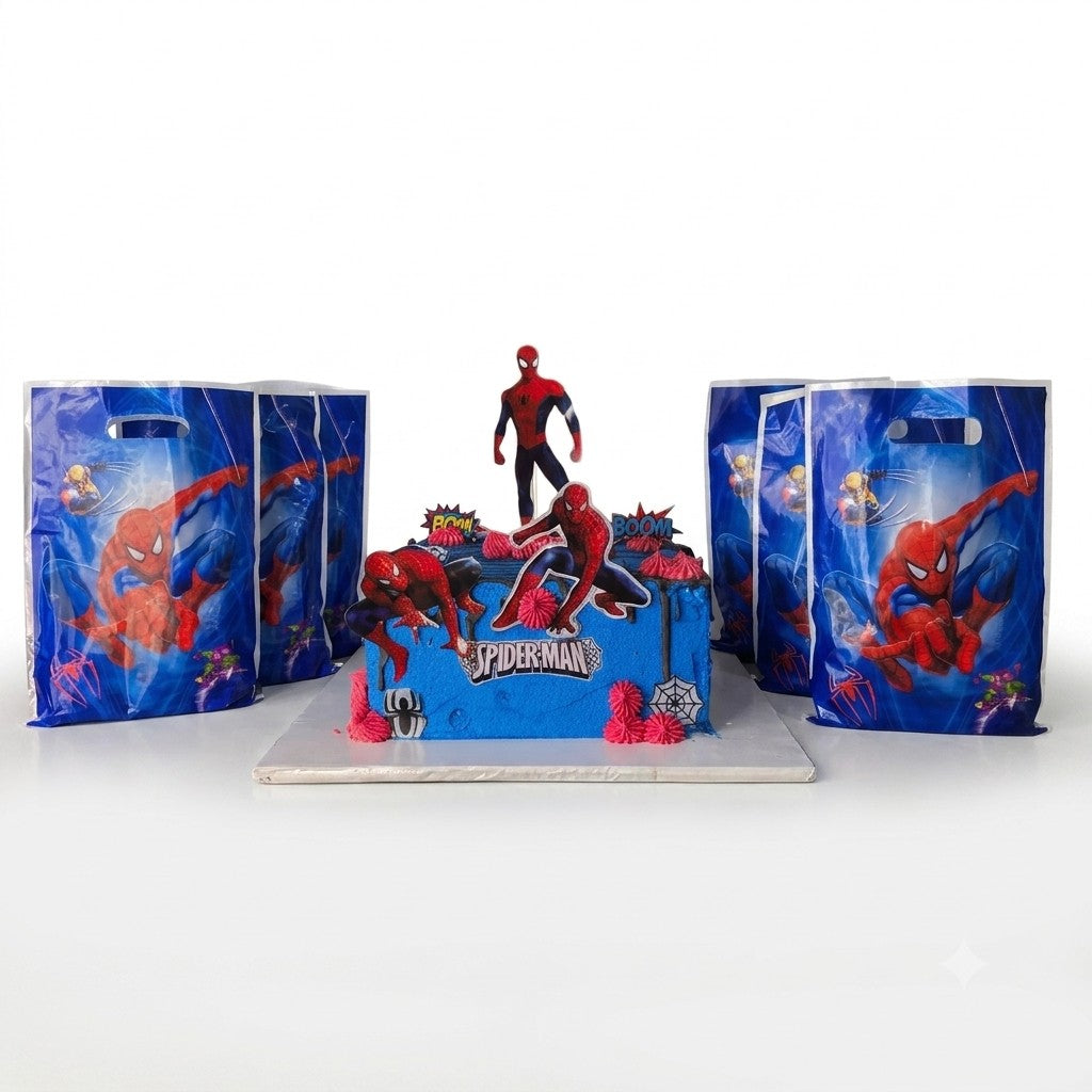 Spider-Man themed party decoration set featuring a decorated blue cake with Spider-Man figures, spider man gift bags only at Cake Gurus Ruaka. Delivery within Nairobi