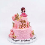 Two tier pink princess birthday cake with vanilla and bubblegum cake, butterflies and princess topper by Cake Gurus in Ruaka Nairobi