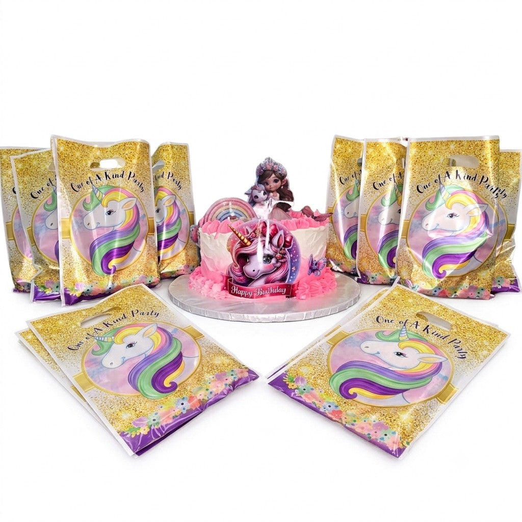 Unicorn themed 1kg Funfetti birthday cake with matching Unicorn loot bags by Cake Gurus