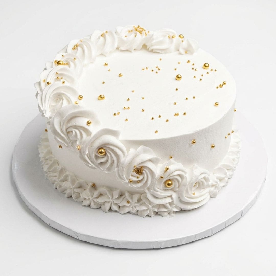 A round white Vanilla cake decorated with piped rosettes around the sides, scattered gold sprinkles on top, and a white round board underneath, photographed on a clean white background. Cake Gurus Same Day delivery. Ruaka, Nairobi. 