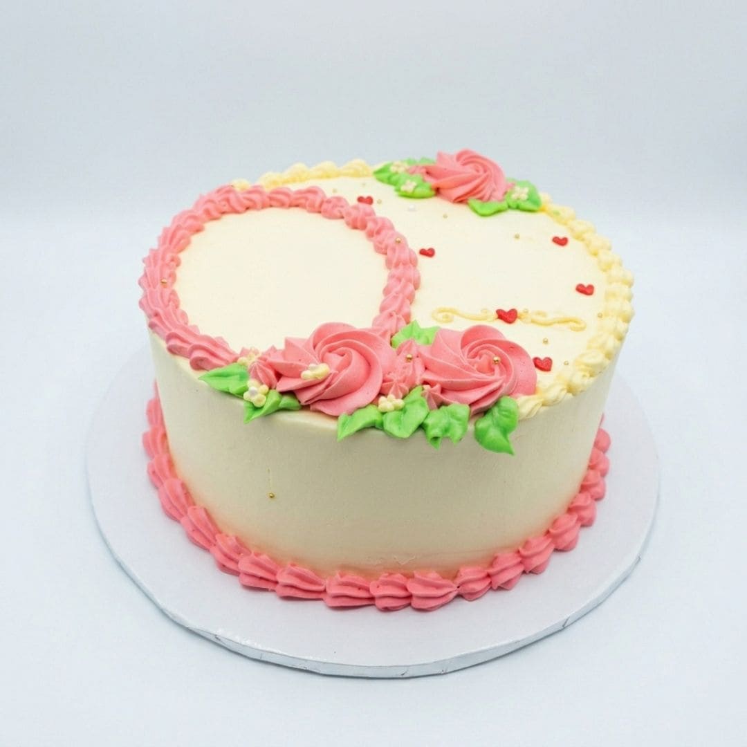 A round frosted cake with a pale cream base, decorated with pink piped roses, green leaves, small red heart details, and a pink rosette border on top and around the base, shown on a white cake board against a light gray background. Banana Birthday Cake for celebrations in Nairobi, freshly baked by Cake Gurus with same day delivery
