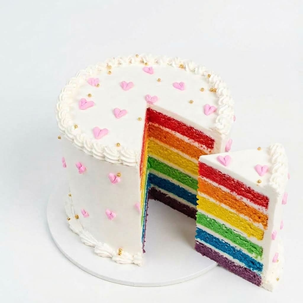 A white frosted rainbow layer cake with a slice cut out and a separate slice beside it, decorated with pink heart sprinkles and gold dots on a white background. birthday celebrations, same day cake delivery in Ruaka Nairobi by Cake Gurus